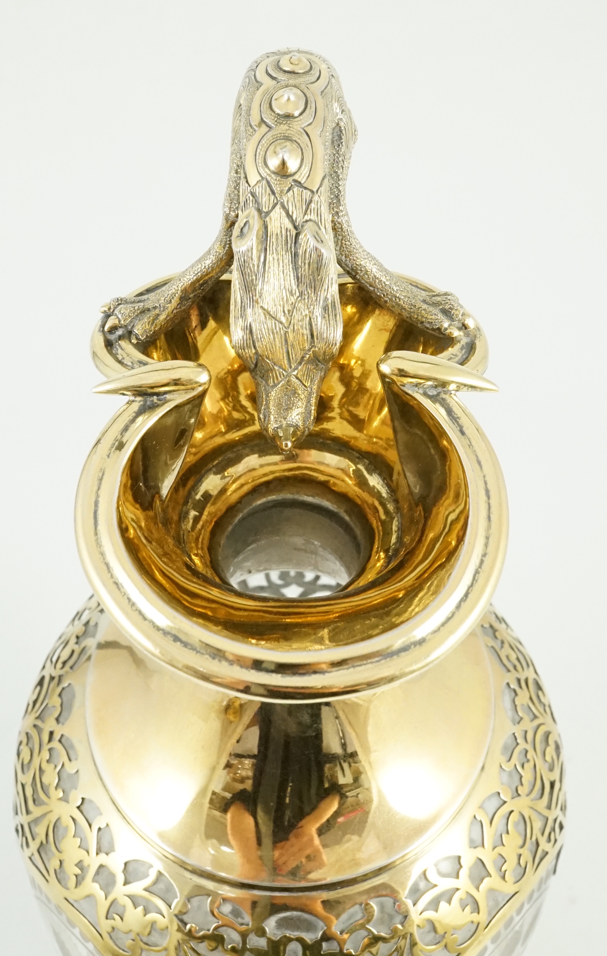 A good Victorian silver gilt mounted etched glass claret jug, by Goldsmiths Alliance